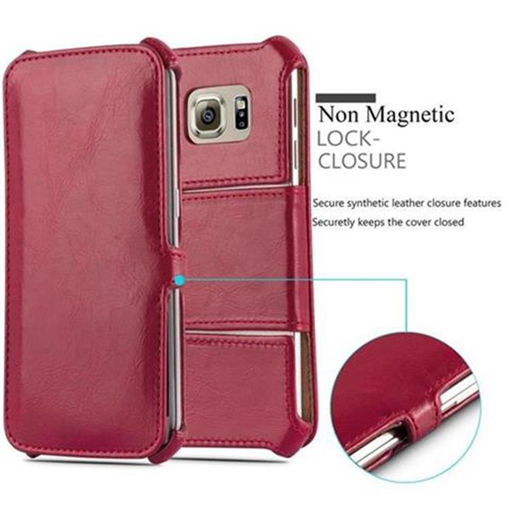 Una custodia per telefono rossa con chiusura magnetica, che mostra un telefono all'interno.