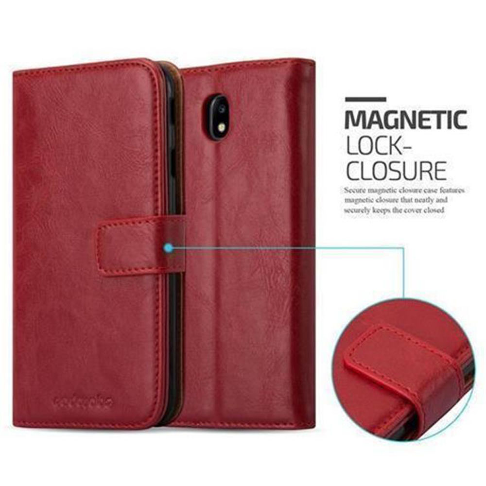 Custodia rossa con telefono. La custodia ha una chiusura magnetica. La custodia è in pelle rossa.