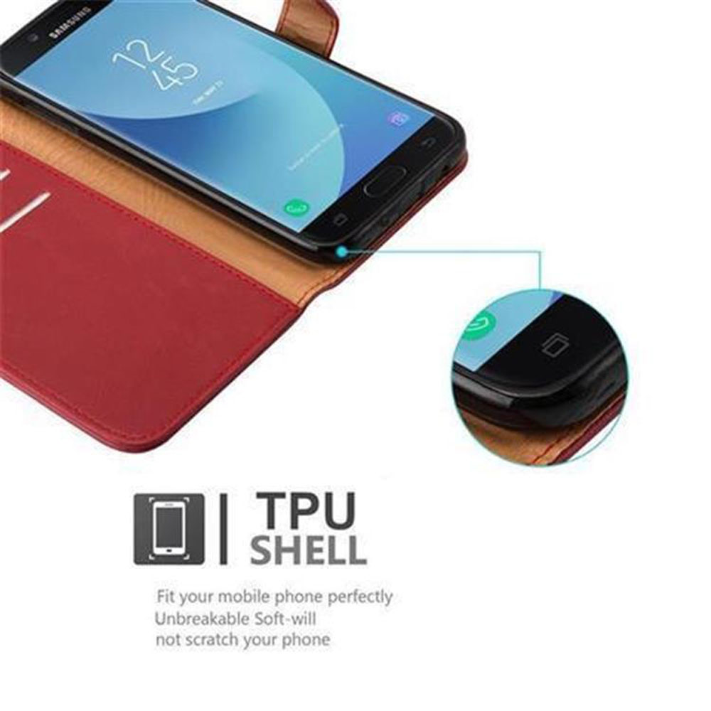 Telefono nero in custodia di pelle rossa, con l'ora visualizzata sullo schermo.