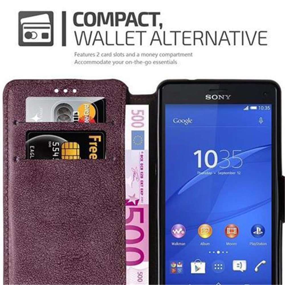 Un teléfono en una funda tipo cartera. La funda está abierta, revelando dinero y tarjetas. Texto: COMPACT, WALLET ALTERNATIVE.
