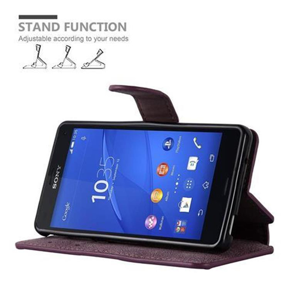 Teléfono Sony en una funda morada, abierto. La pantalla muestra la hora 10:35 y aplicaciones de Google en la pantalla.