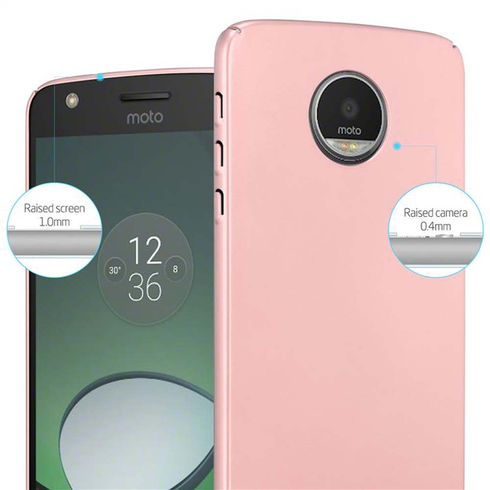Custodia rosa per telefono intorno a un telefono. Schermo rialzato, fotocamera rialzata e il marchio del telefono è moto.