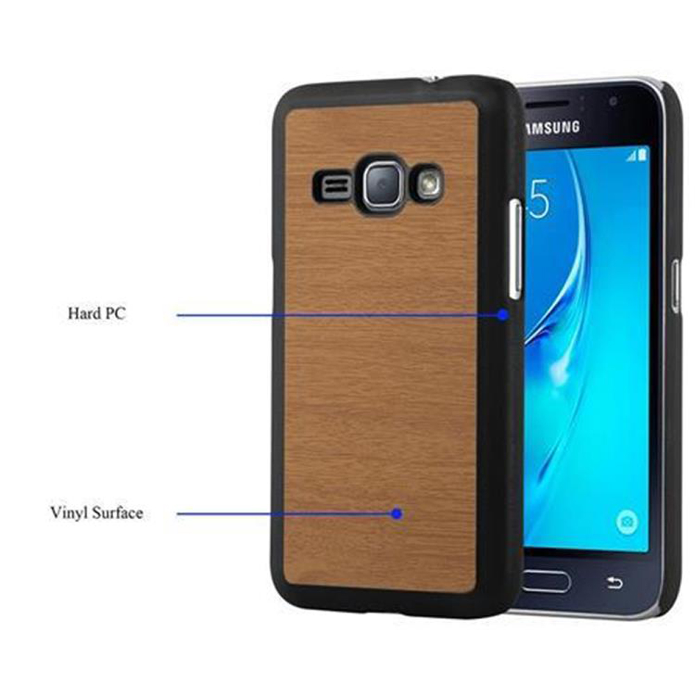 Custodia per telefono con stile legno e cornice nera. Ha una fotocamera e i pulsanti del telefono.