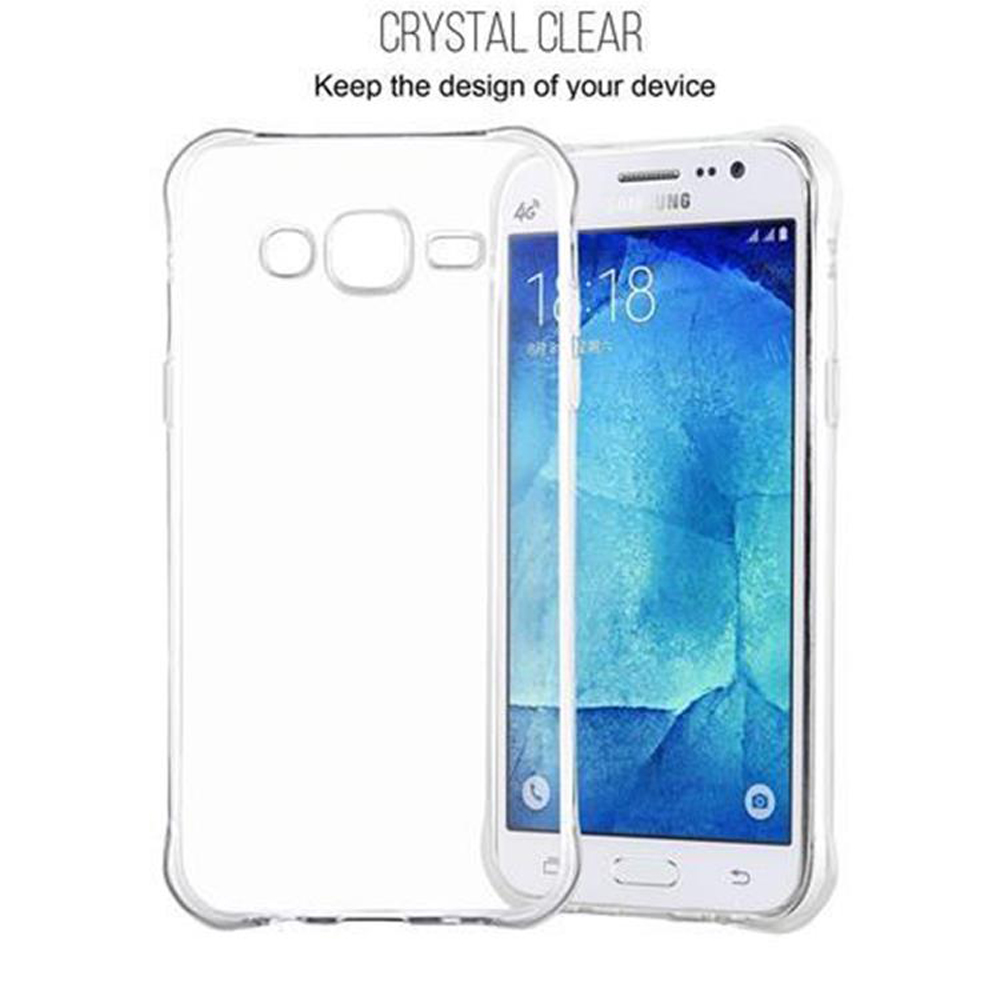 Funda transparente para teléfono junto a un teléfono blanco. La funda es transparente y la pantalla del teléfono es visible.