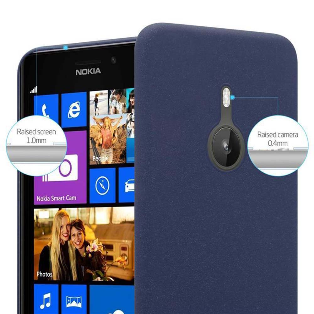 Un telefono con schermo e fotocamera rialzati, in una custodia blu navy. Il testo mostra le dimensioni.
