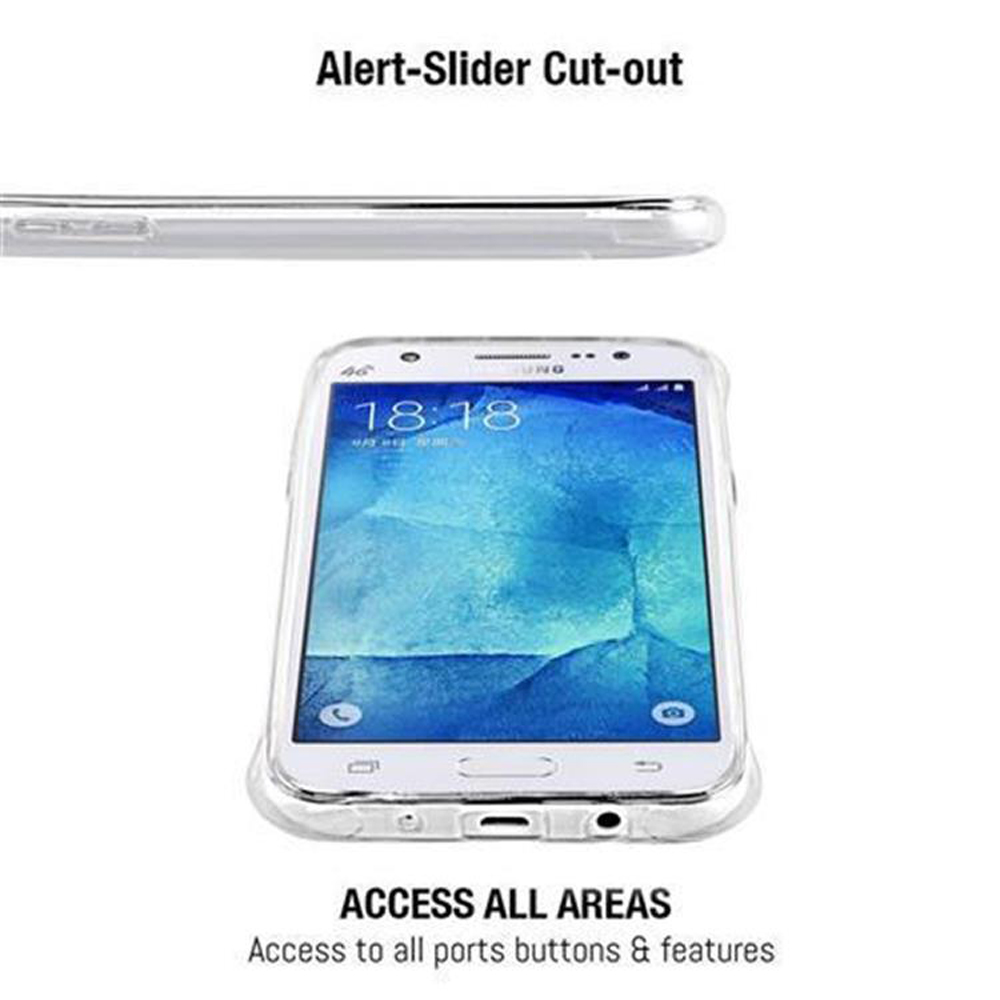 Funda transparente en teléfono blanco, mostrando pantalla. Texto: 'Access All Areas'.