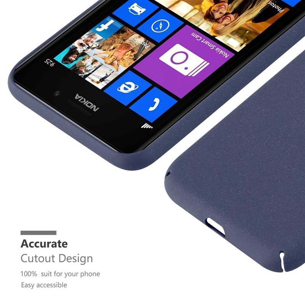 Un telefono blu in una custodia blu. Viene pubblicizzato il design di ritaglio preciso.