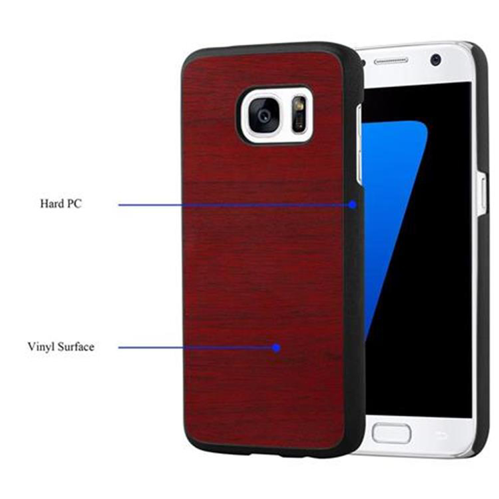 Telefono in custodia di legno rosso accanto a telefono bianco. Etichette: PC rigido e Superficie vinilica.