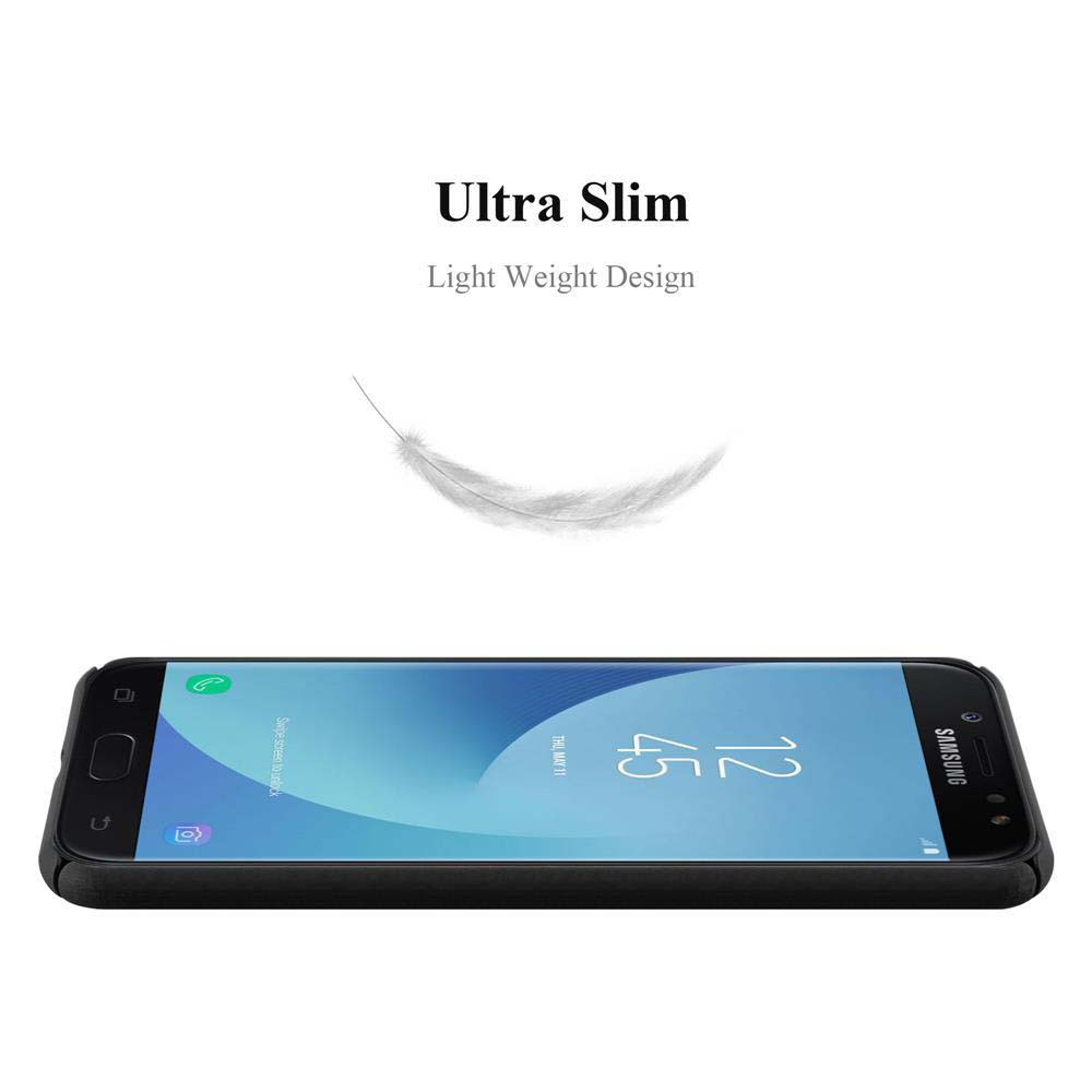 Telefono nero in una custodia nera. Una piuma vi fluttua sopra. Il testo dice "Ultra Slim Light Weight Design".