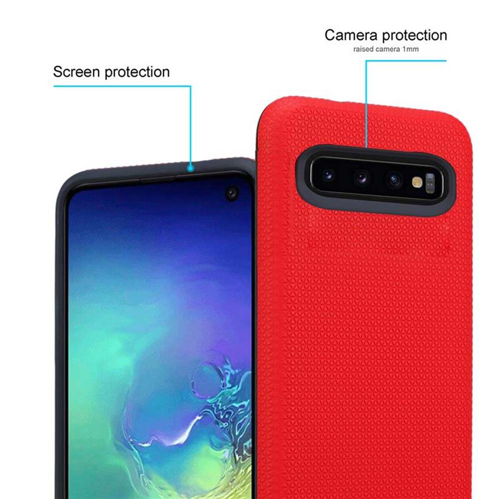 Una custodia posteriore rossa protegge il telefono. Le etichette sono visibili. Vengono indicate la protezione dello schermo e della fotocamera.