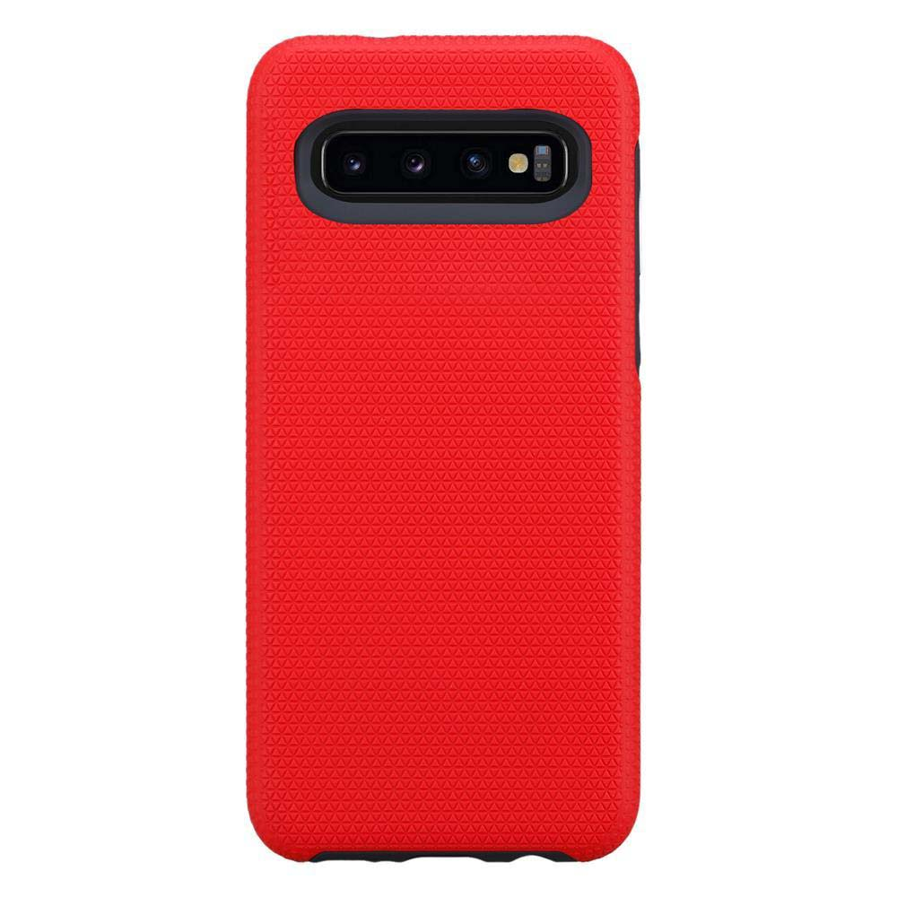 Custodia rossa per telefono con superficie strutturata. La custodia ha un ritaglio per la fotocamera.