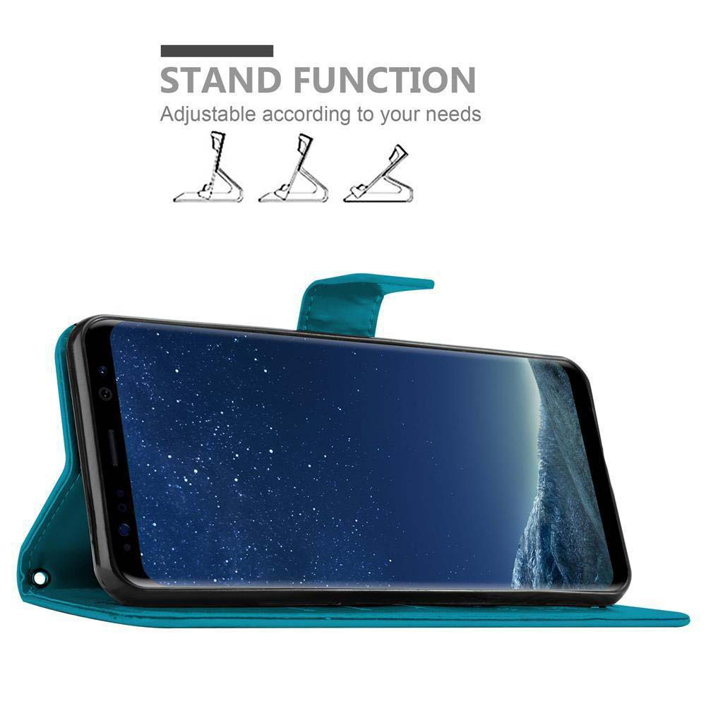 Telefono in una custodia blu con supporto. Lo schermo è visibile.