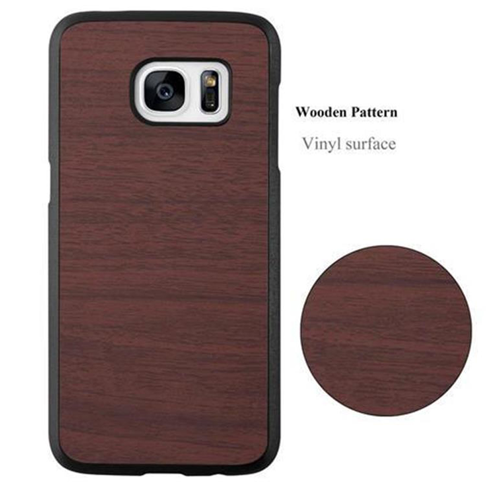 Custodia per telefono con motivo legno. Cerchio con venature del legno. Testo: Motivo legno, superficie in vinile.