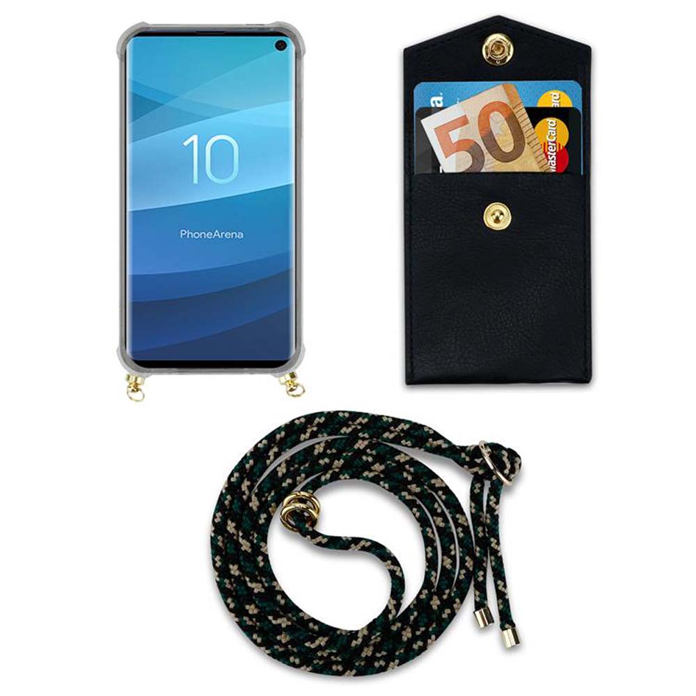 Un telefono in una custodia, con un cordino. Un piccolo portafoglio nero. Testo: PhoneArena.