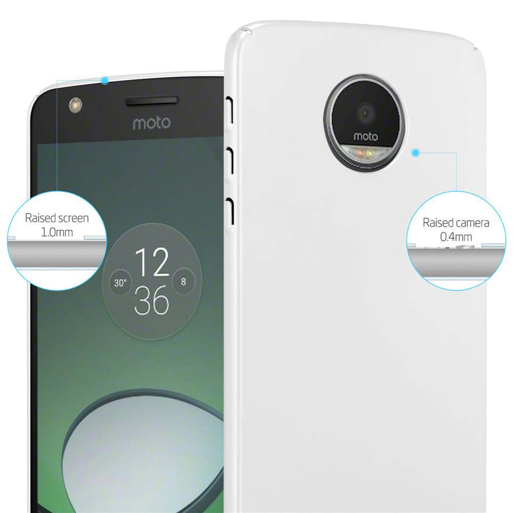 Telefono bianco con schermo e fotocamera rialzati. Il testo indica le dimensioni dello schermo e della fotocamera.