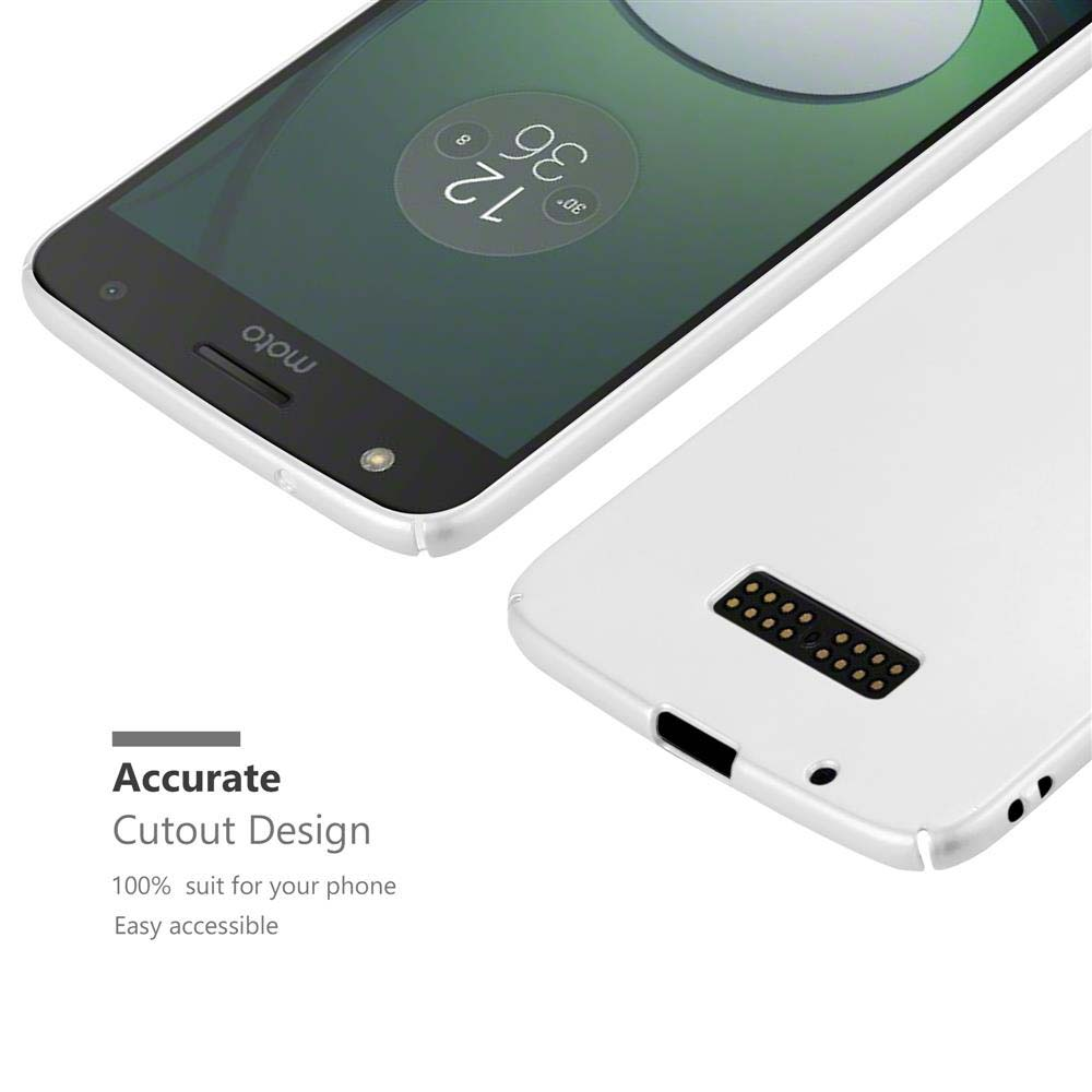 Telefono bianco con custodia bianca. Testo: Design con ritaglio preciso, vestibilità al 100%, facile accesso.