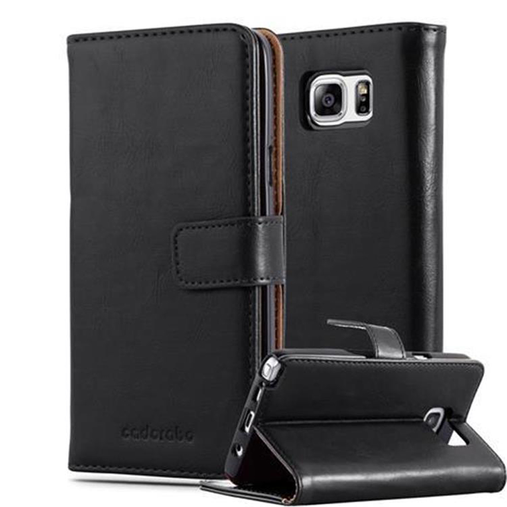 Funda negra para teléfono con cierre magnético, tres vistas. El teléfono está dentro.