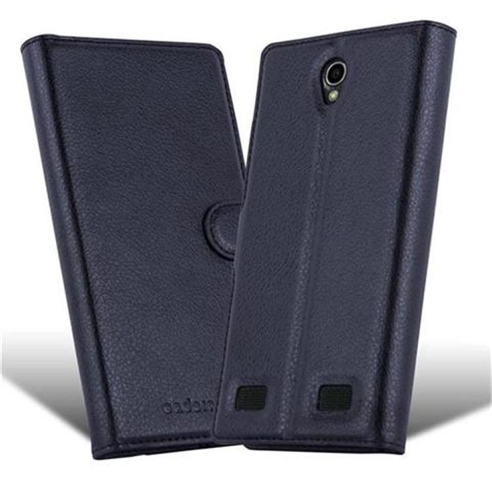 Due custodie per telefono in pelle blu scuro, una chiusa e una aperta, con chiusura a bottone.