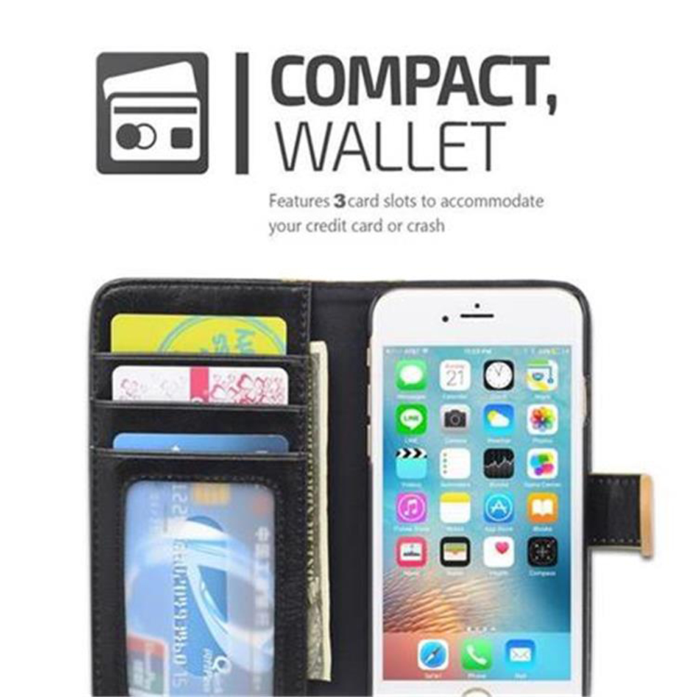 Telefono in una custodia a portafoglio con carte. Testo: 'Compact Wallet'.