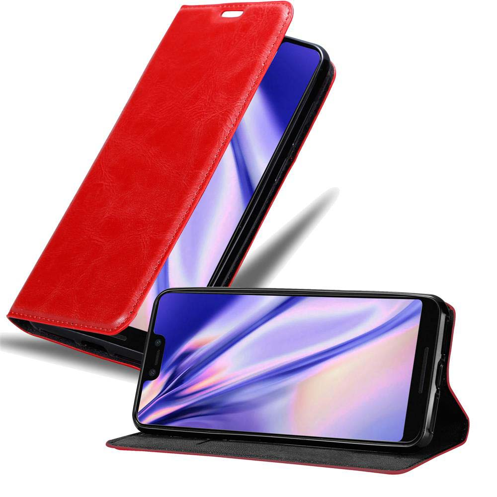 Custodia rossa per telefono con coperchio aperto. Telefono all'interno. Il telefono è su un supporto con interno rosso.