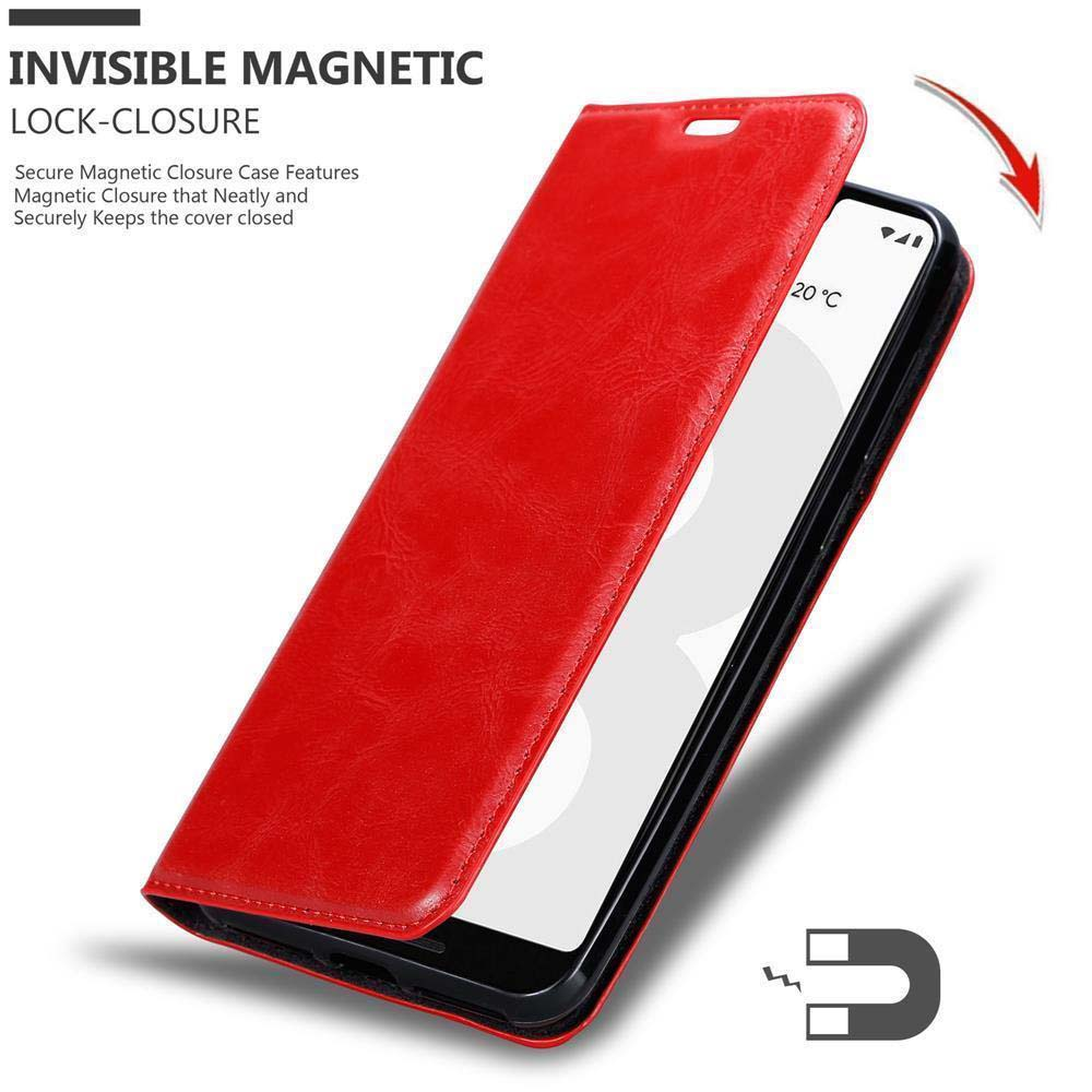 Custodia rossa per telefono con chiusura magnetica. Il telefono è nero. Un'icona magnetica mostra la funzione di blocco.