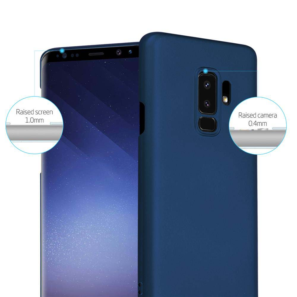 Blaue Handyhülle mit einem Telefon darin. Text: Erhöhter Bildschirm 1,0 mm, Erhöhte Kamera 0,4 mm. Dunkelblau.