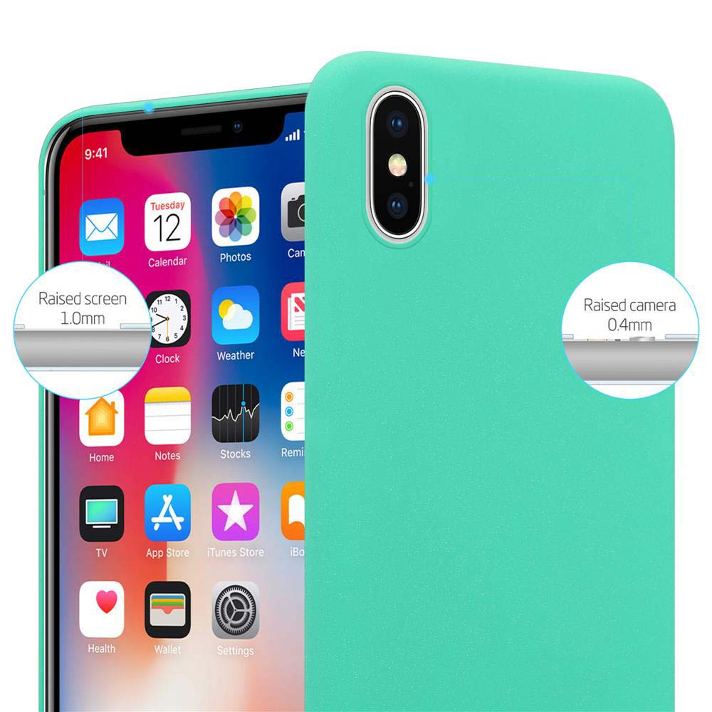 Un telefono verde acqua con uno schermo che mostra le app e i dettagli sullo schermo e la fotocamera rialzati.