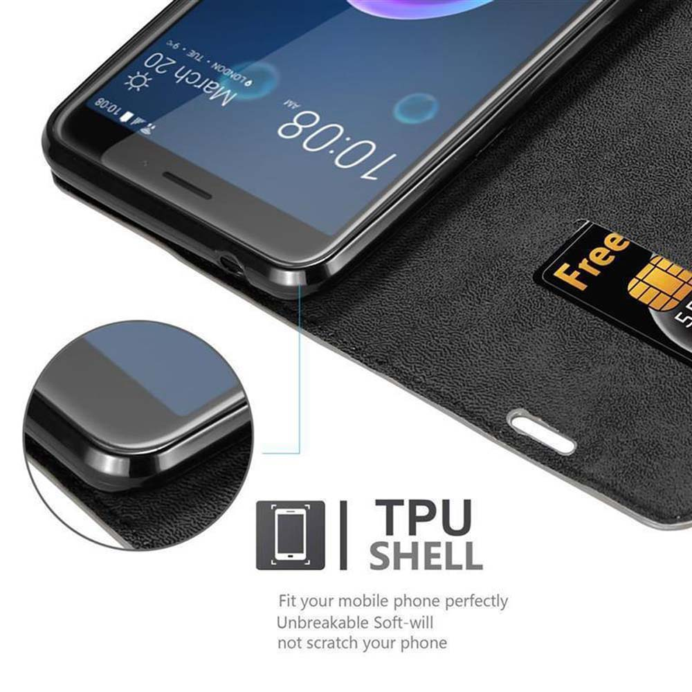 Schwarze Handyhülle mit Telefon. Das Telefon zeigt Datum und Uhrzeit. Eine kostenlose Karte rechts.