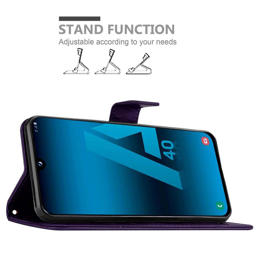 Ein Telefon in einem lila Etui, Bildschirm zeigt '40'. Text: Standfunktion. Drei Ständersymbole.