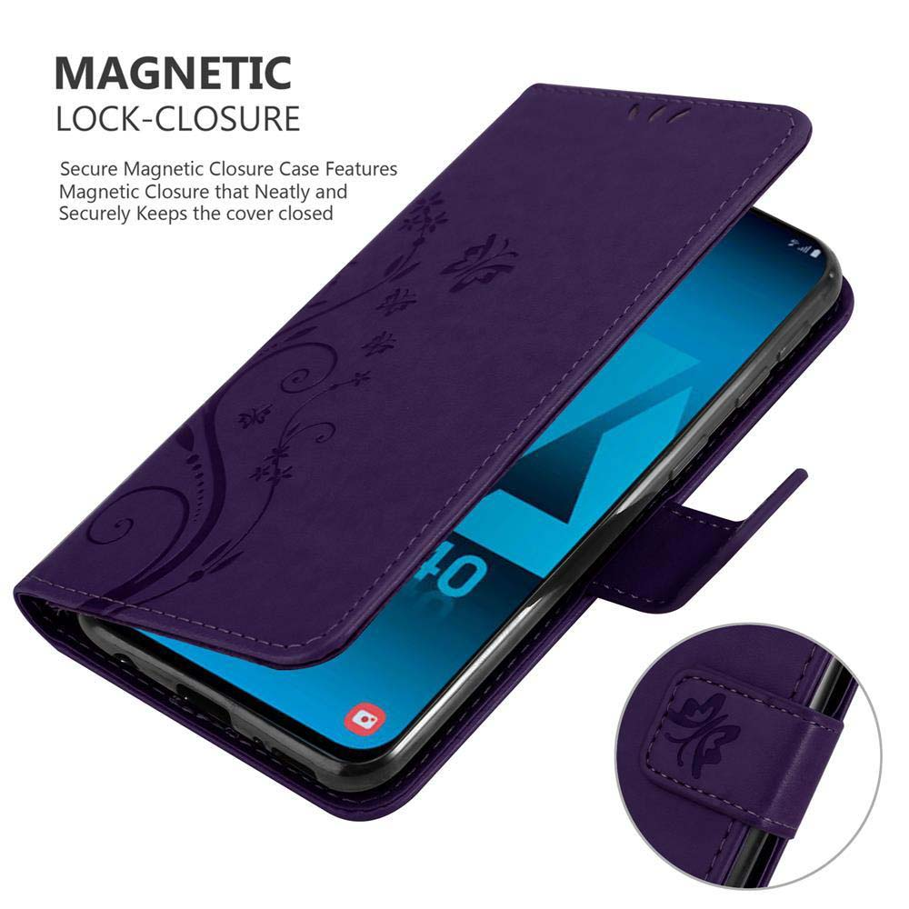 Lila Handyhülle mit floralem Design. Telefonbildschirm ist sichtbar. Magnetverschluss ebenfalls sichtbar.
