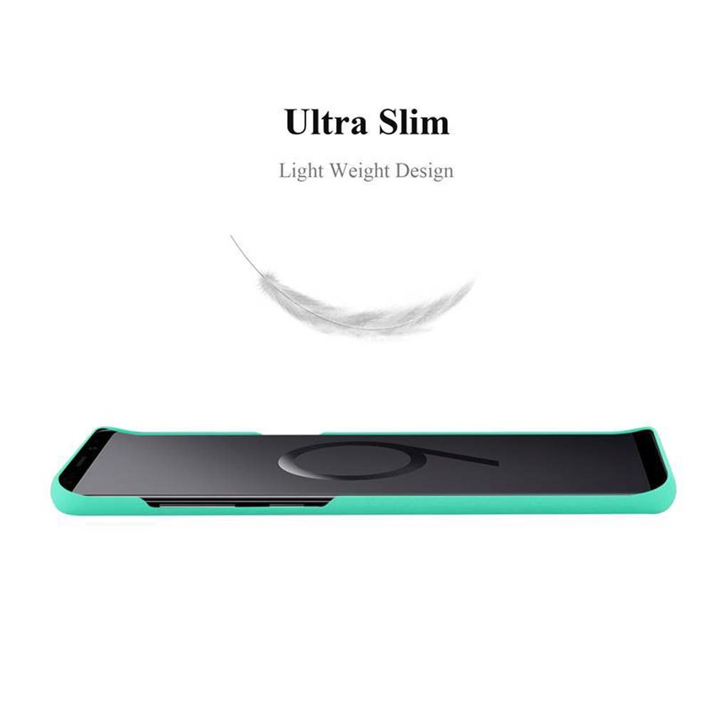 Una custodia per telefono verde chiaro con un telefono. Il testo bianco dice 'Ultra Slim' e mostra una grafica di piuma.