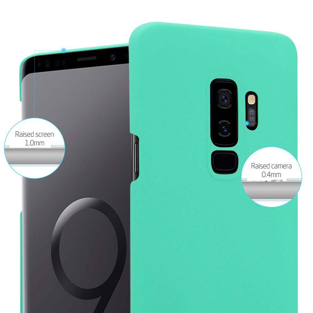 Custodia per telefono verde menta con un telefono all'interno. Mostra schermo e fotocamera rialzati. Custodia verde.