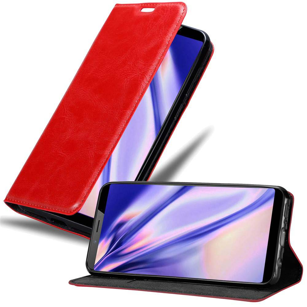 Rote Leder-Handyhülle mit einem Telefon darin, das einen lila und blauen Bildschirm zeigt.