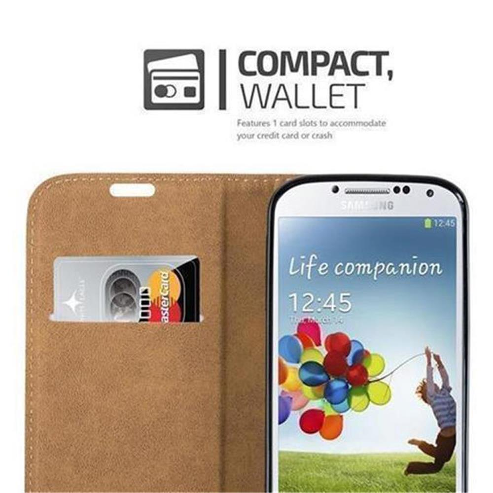 Handyhülle: Schwarzes Wallet-Design mit Kreditkartenfach, Telefon mit Uhrzeit und Person, die greift.