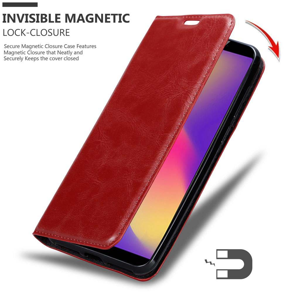 Rote Handyhülle mit Telefon darin, geschlossen. Magnet wird gezeigt. Die Hülle befindet sich auf weißem Hintergrund.