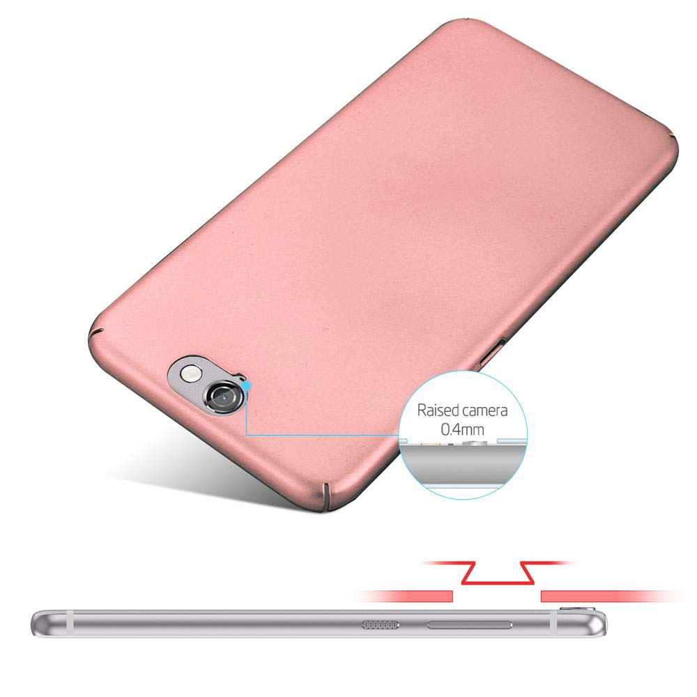 Rückseite des roségoldenen Telefons. Diagramm zeigt erhabene Kameralinse und Profil.
