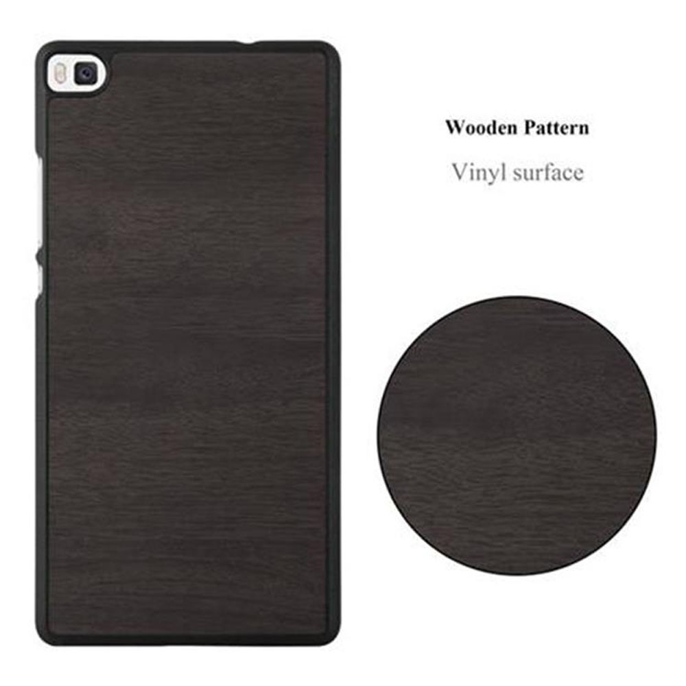 Custodia per tablet, con motivo in legno. Un dettaglio circolare accanto, che descrive il materiale.