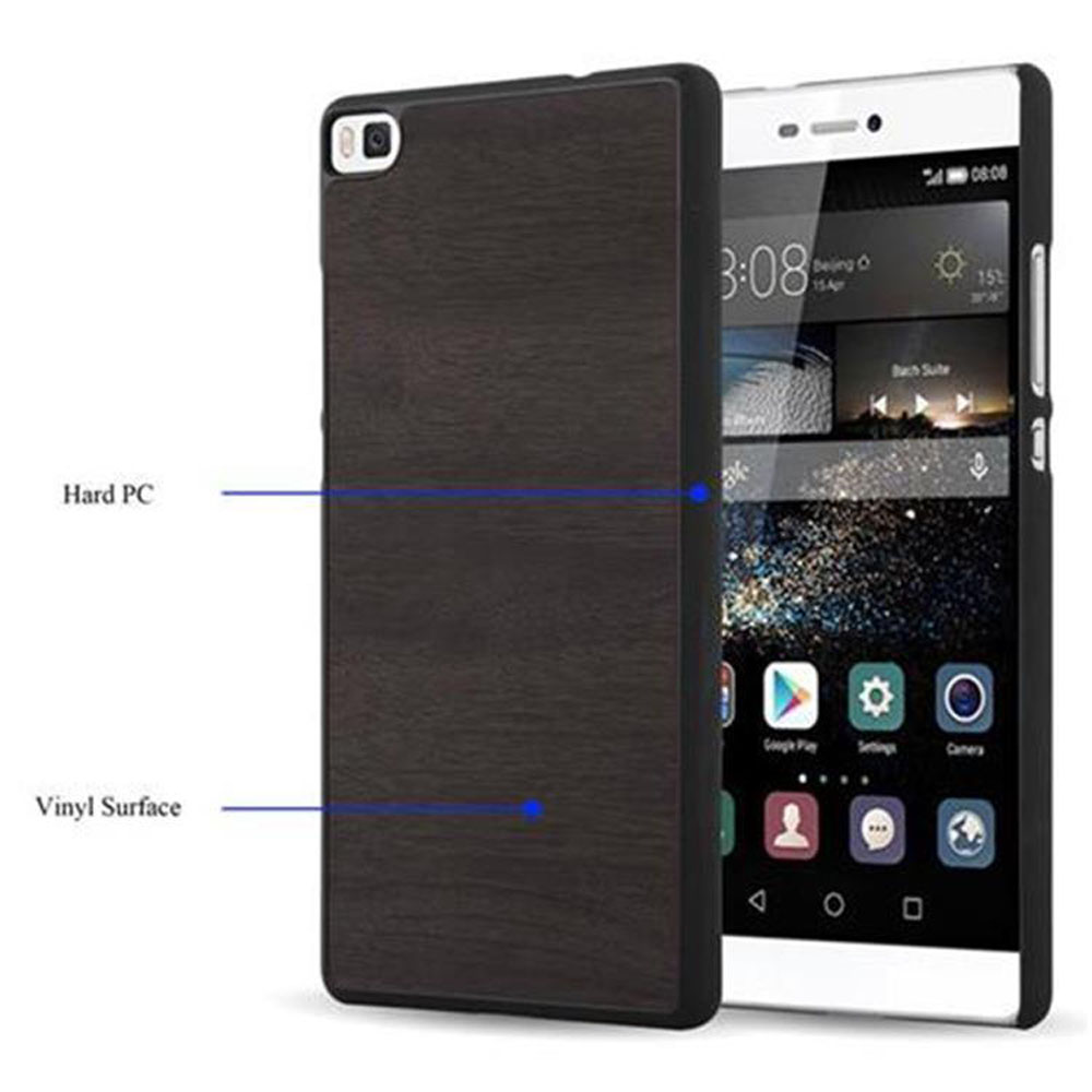 Uno smartphone e una custodia. La custodia è marrone scuro e sembra essere in legno. Il telefono è bianco.