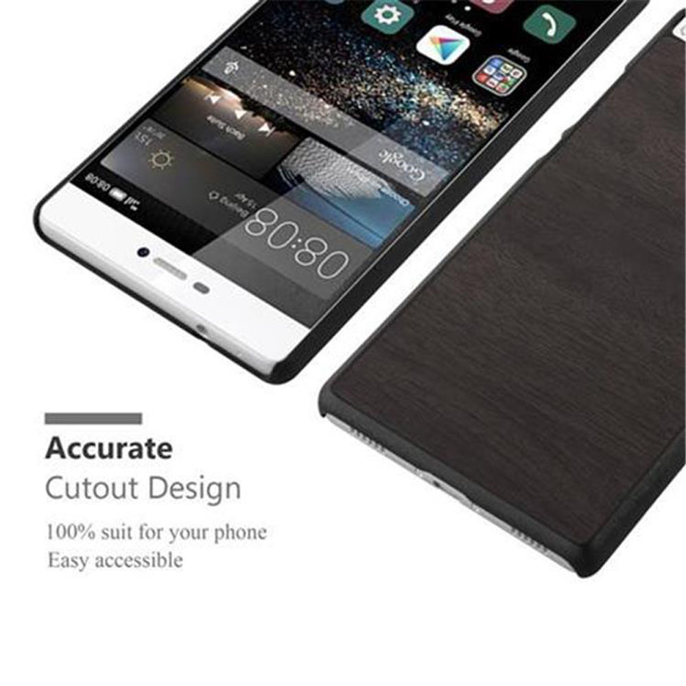 Telefono con cover posteriore effetto legno e cornice nera. Il testo dice 'Accurate Cutout Design'.