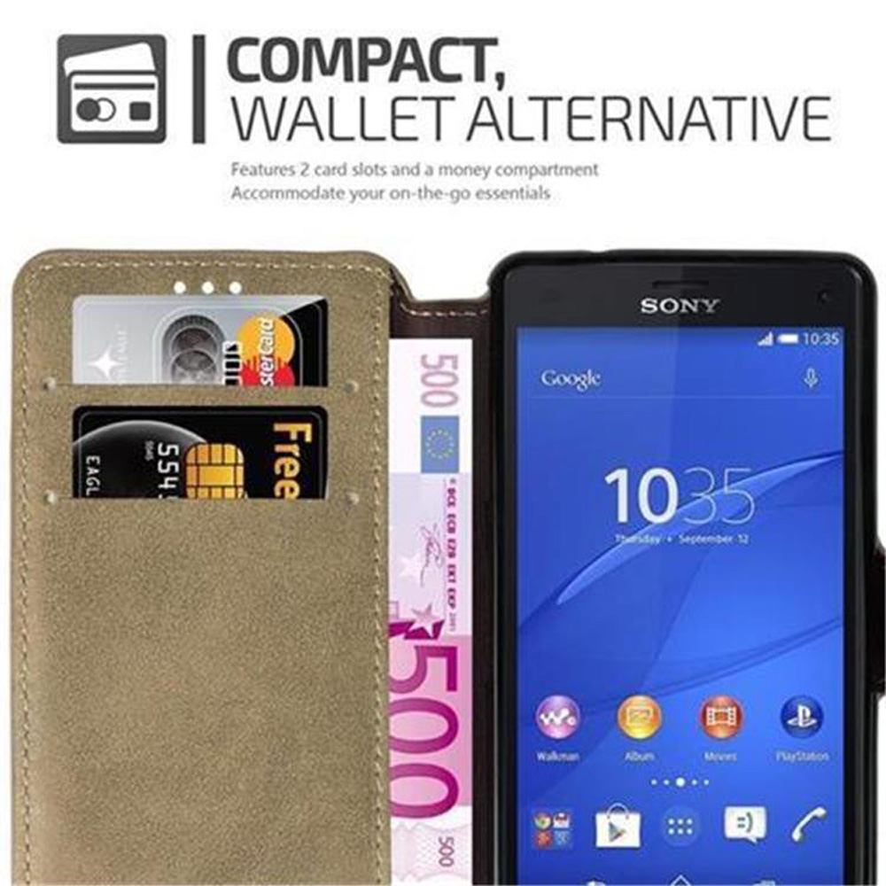 Funda de teléfono abierta, mostrando teléfono, tarjetas de crédito y dinero. La funda es marrón, el teléfono azul.