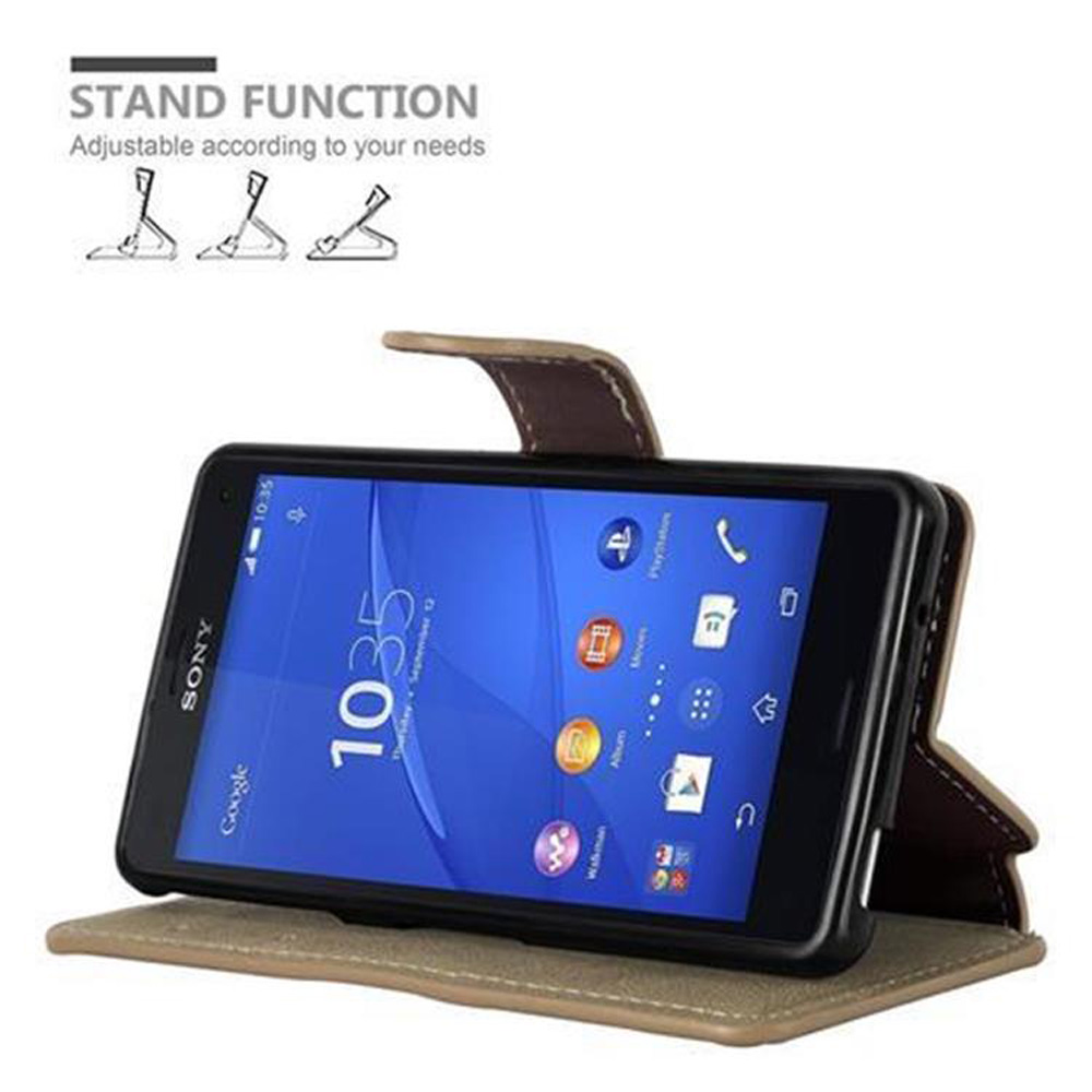 Teléfono en funda marrón. Texto: FUNCIÓN DE SOPORTE, ajustable a tus necesidades. Fondo blanco.