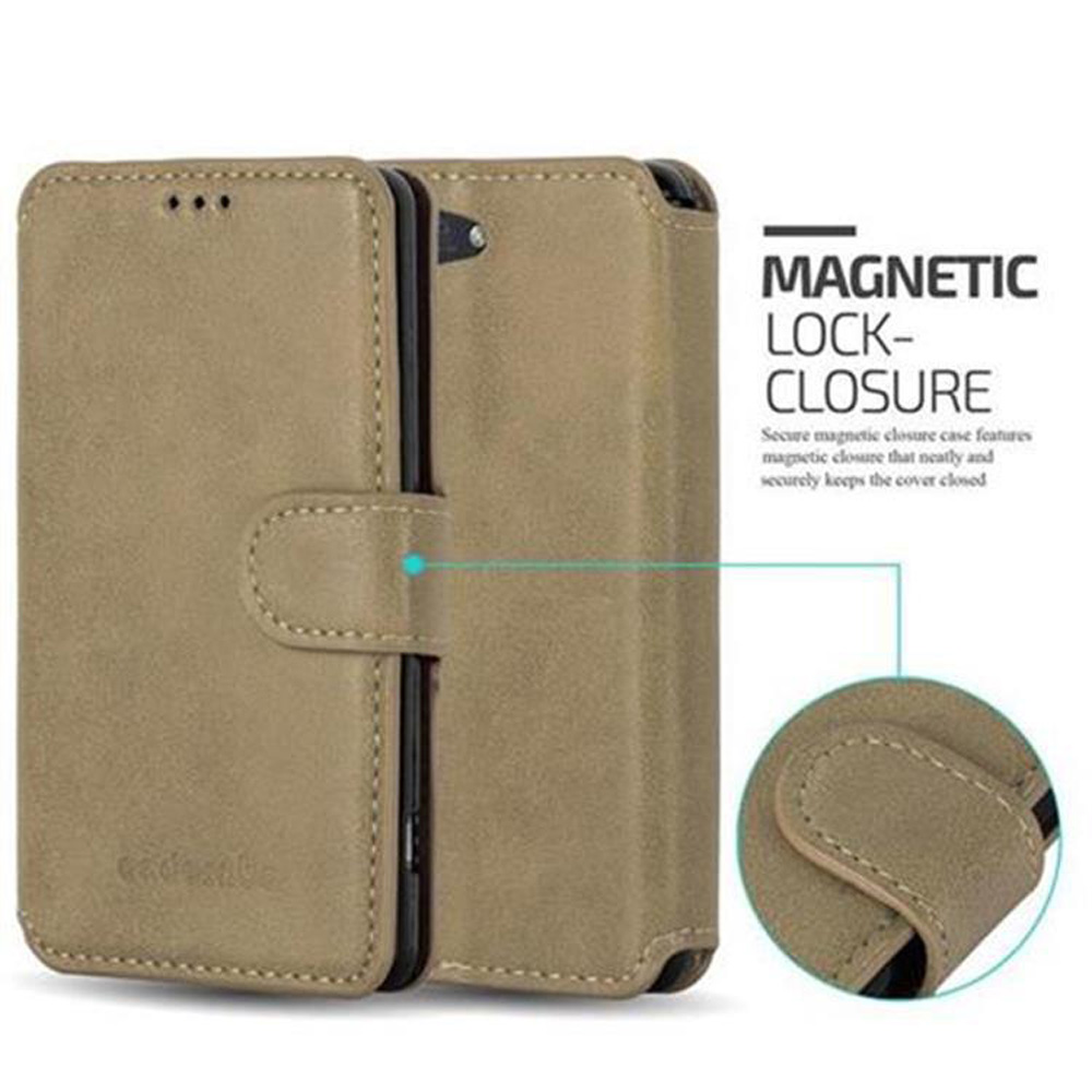 Una funda de teléfono en color beige, cerrada y abierta. La funda abierta muestra un cierre magnético.