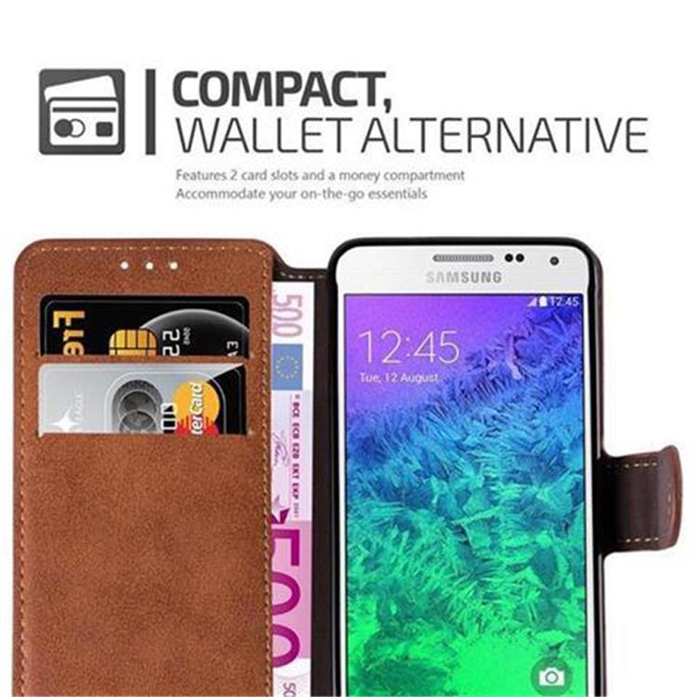 Un étui portefeuille marron avec deux fentes pour cartes et un compartiment à argent, avec un téléphone.