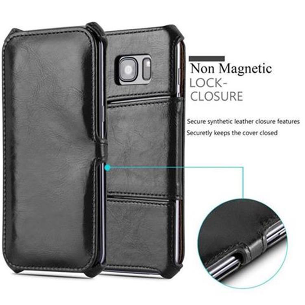 Custodia nera per telefono, aperta, con tasca per carte e un telefono all'interno.