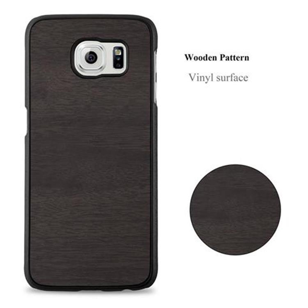 Custodia per telefono marrone scuro con motivo in legno. La custodia ha un bordo nero e un cerchio sul retro.