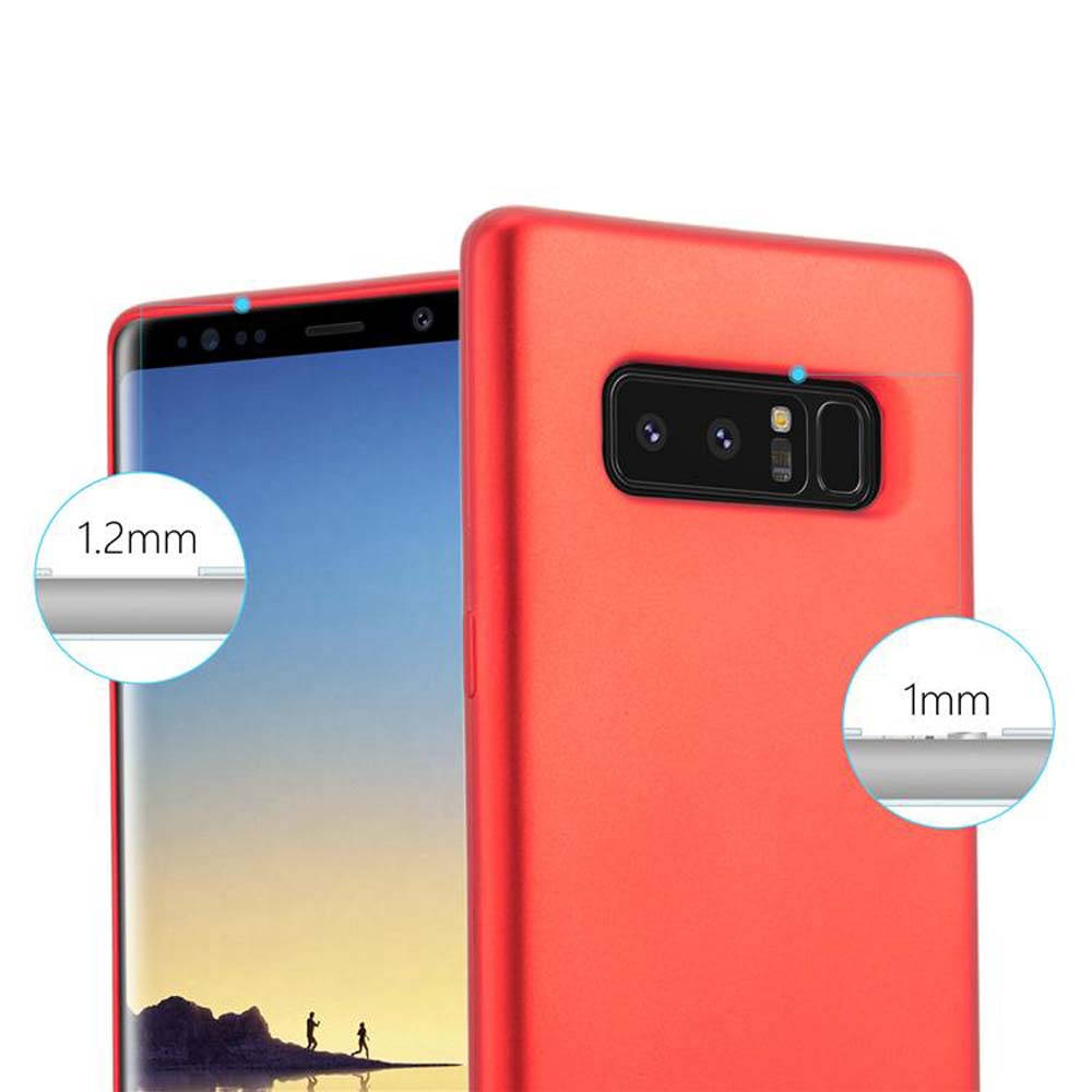 Una custodia per telefono rossa. La custodia ha un bordo di 1,2 mm e 1 mm. La custodia copre la parte posteriore e i lati.