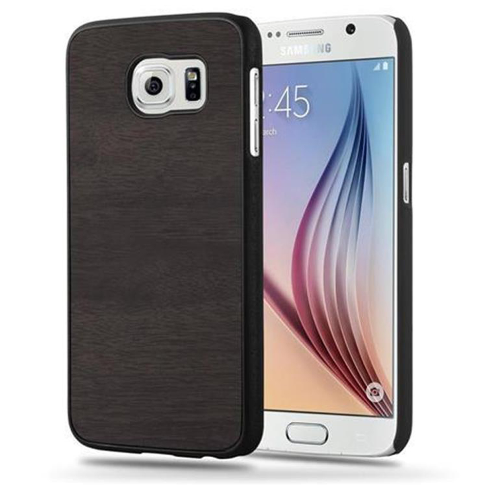 Un telefono Samsung con custodia effetto legno. Lo schermo mostra l'ora. La custodia è a sinistra.