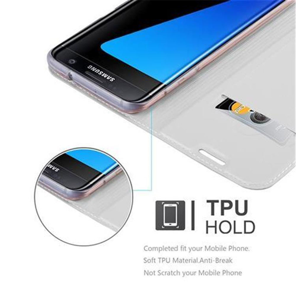 Telefono in una custodia con slot per schede. Testo: TPU HOLD. Completa l'adattamento al tuo cellulare. Materiale TPU morbido. Anti-rottura.