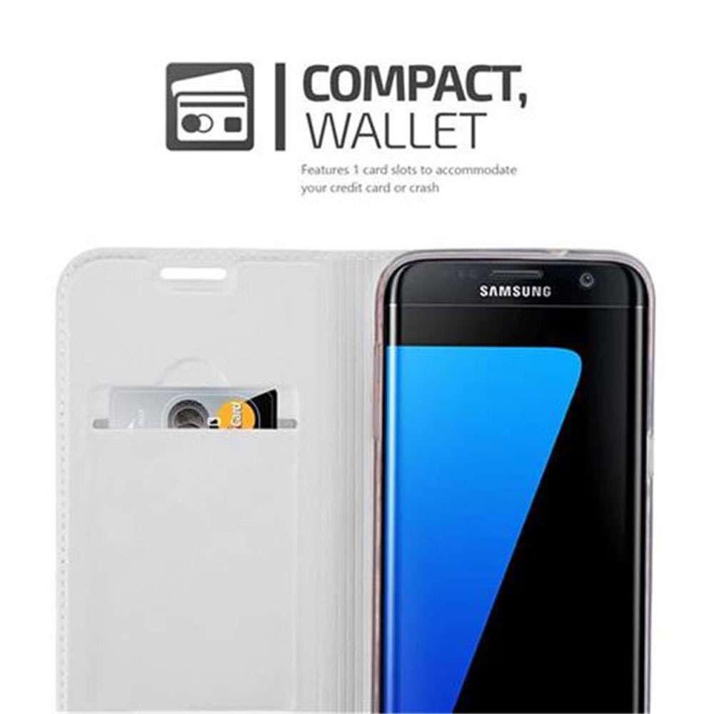 Telefono in una custodia a portafoglio. Testo: Compatto, Portafoglio. Offre 1 slot per carte.