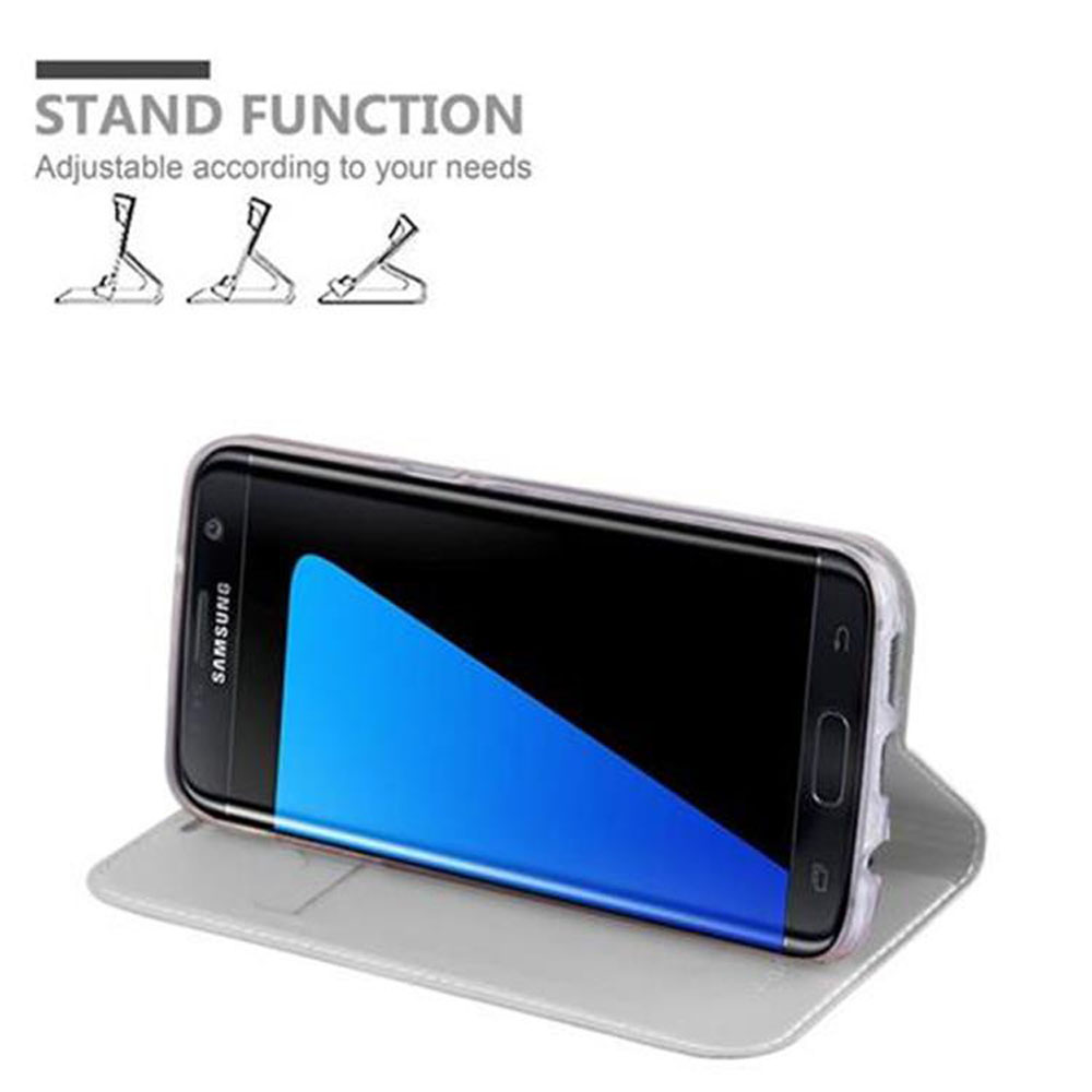 Smartphone in una custodia trasparente in una custodia bianca, che mostra un design blu sullo schermo. Icone funzione stand visibili.